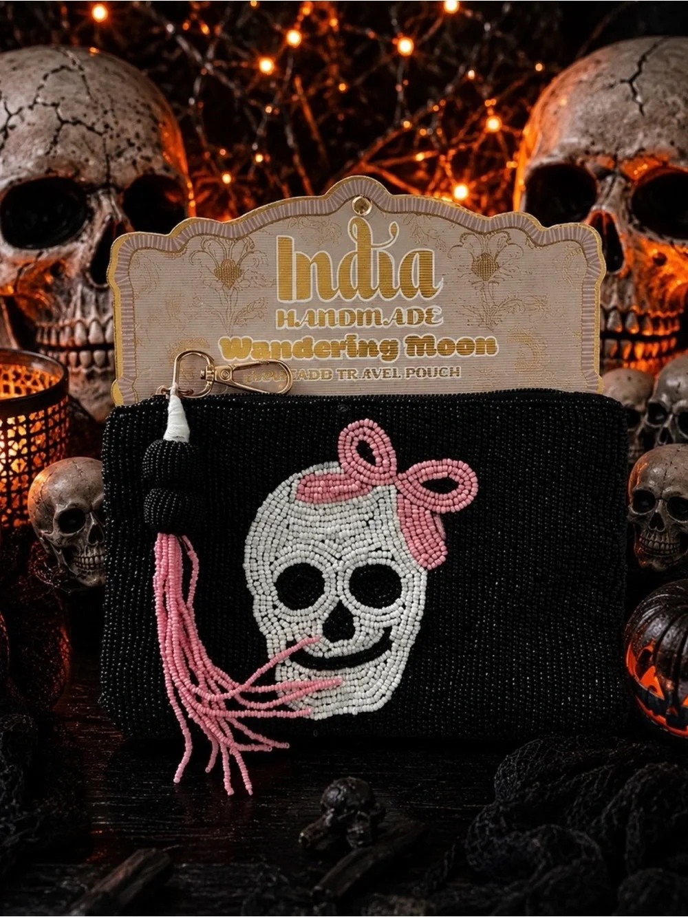 India Hicks Black Beaded Skull Wristlet with Pink Bow Accent